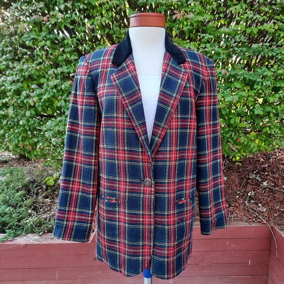 Vintage Y2K Tartan Plaid Wool and Velvet Collar Blazer Winter Classic - Picture 4 of 11